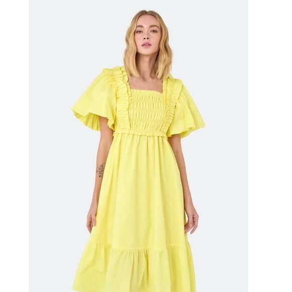 English Factory Ruffled Smocked 100% Cotton Midi Dress Yellow Puff Sleeve XS NWT - Picture 2 of 11